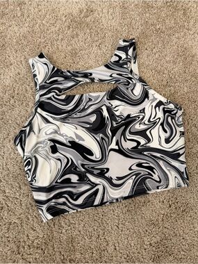 SO Black & White Marble Cutout Crop Top, Small